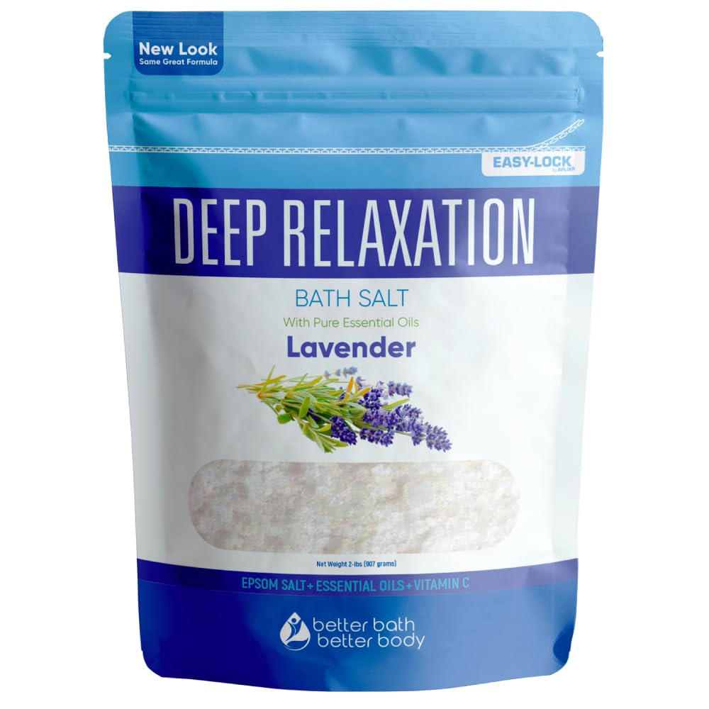 Deep Relaxation Bath Salt 32 Ounces Epsom Salt with Natural Lavender Essential Oil Plus Vitamin C in BPA Free Pouch with Easy Press-Lock Seal