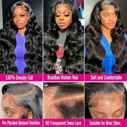 28 Inch Body Wave Lace Front Wigs Human Hair 13x4 HD Lace Front Wigs Human Hair Pre Plucked Body Wave Glueless Frontal Wigs Human Hair 180% Density for Women