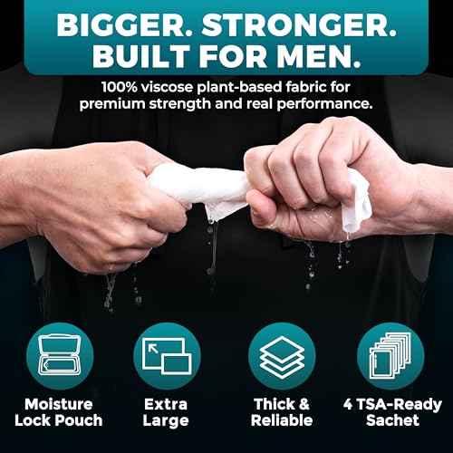 XL Body Wipes for Men ? 50 No Rinse Shower Sheets + 4 Travel Bath Sachets, 10" x 11.5" Adult Disposable Washcloths and Face Towels for Camping, After Gym and Survival Gear