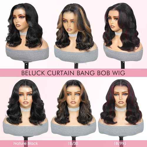 250% Human Hair Wigs For Black Women Highlight Bob Wig Human Hair With Layered Curtain Bangs Face-Framing 6x6 Lace Closure Glueless Wigs Human Hair Pre Cut 15A Ombre Loose Body Wave Wig 1B30 14Inch