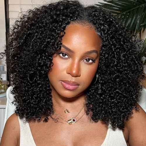 Glueless V Part Wigs Human Hair Afro Kinky Curly Upgrade U Part Human Hair Wigs for Black Women Kinky Curly Bob Pixie Cut Wig Full Head Clip In Half Wig No Leave Out 200% Density 14 Inch