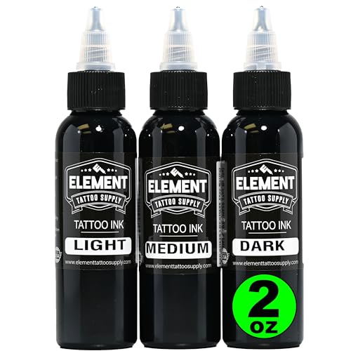 Element Tattoo Supply Greywash Tattoo Ink Set for Professional Tattooing Supplies ? Light, Medium & Dark Solid Shades for Outlining, Shading & Blending for Artists ? 2 oz Bottle (3 Pack)
