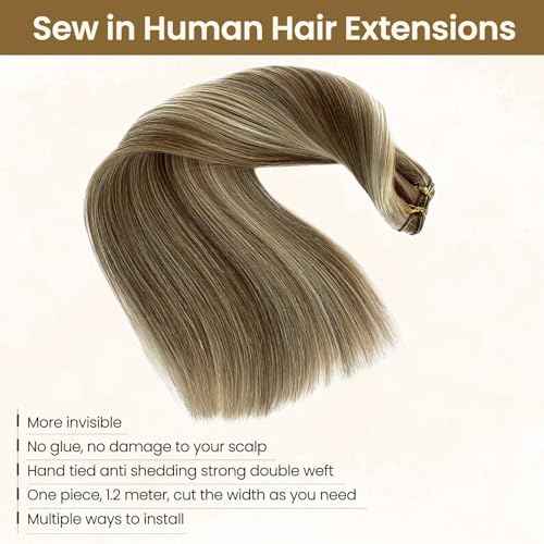Weft Hair Extensions Balayage Human Hair Weft Extensions Ash Blonde Highlights Sew in Hair Extensions Real Human Hair 20 Inch 100G Hand Tied Weft Hair Extensions Human Hair Sew in Bundles Remy Hair