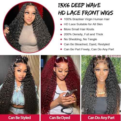 Deep Wave Lace Front Wigs Human Hair Pre Plucked 13x6 HD Lace Frontal Wigs Human Hair 200 Density Deep Curly Glueless Wigs Human Hair For Black Women 26 Inch Natural Color