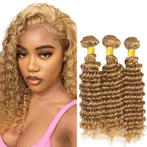 Honey Blonde Deep Wave Bundles Human Hair Unprocessed Brazilian Virgin Hair 16 18 20 Inch Color #27 Bundles Human Hair
