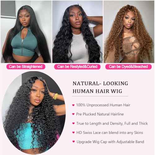 22 Inch 13¡¿6 HD Lace Front Wigs Human Hair Water Wave 200 Density Lace Frontal Wigs Pre Plucked Deep Curly Human Hair Wig for Women Natural Black