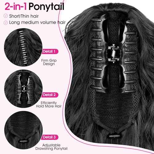 RONTAYA Ponytail Extension Claw 30" Curly Pony Tail Clip in Hair Extensions Fluffy Natural Looking Synthetic Hairpiece for Women Black