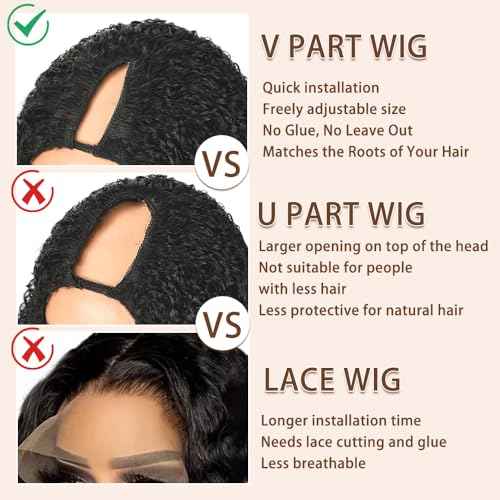 V Part Burmese Curly Wig Human Hair 200% Density Upgrade U Part Wig with Drawstring No Leave Out Glueless V Shape Full Head Clip In Half Wig Curly Human Hair Wig for Black Women Natural Color 20 Inch