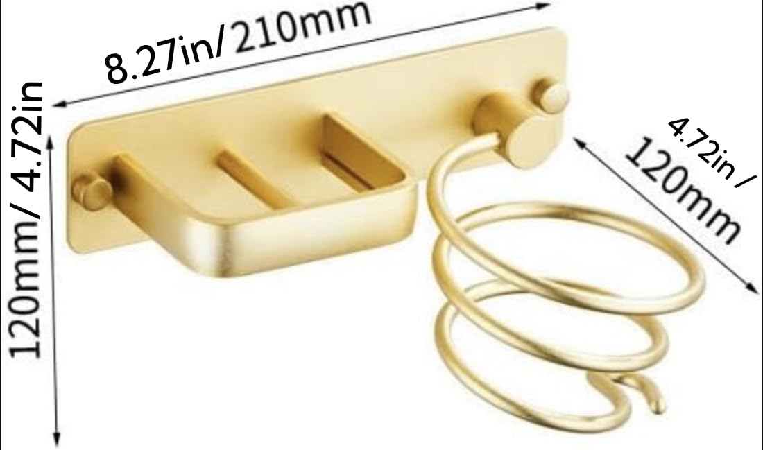 YUET Hair Dryer Holder Hairdryer Station Wall Mounted Shelf Bracket Straightener Stand Hanger Organizer Blow Storage w/Cable Tidy Rack for Dressing Table Bathroom Aluminum Professional, Gold Brass