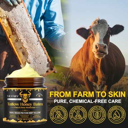 Tallow and Honey Balm for Face - Beef Tallow for Skin - 100% Organic Grass-Fed Beef Tallow & Raw Wild Honey -Moisturizing Cream for Soft, Smooth Skin- Light Scent, Moisturizing Natural Formula, 4.0 Oz