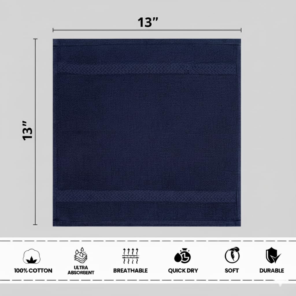 Premium Wash Cloths Set, 13 x13 Inches, 100% Cotton Ring Spun, Highly Absorbent and fast dry, Soft Feel Essential Washcloths for Bathroom, Spa, Gym, and Face, fingertip towel (Pack of 4) Navy