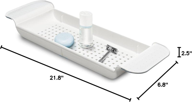 madesmart Expandable Bathtub Tray, Adjustable Bath Caddy & Over Tub Organizer Shelf for Bath Accessories, Soap, Razors, Towels, Toys & Toiletries, Non Slip Silicone Grip, Drainage Holes, Blue
