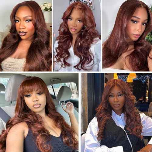 ALHER #33 Reddish Brown Body Wave 13x4 Lace Frontal Human Hair 18 Inch, Copper Brown Auburn Colored HD Transparent Lace Frontal Closure Ear to Ear 100% Virgin Remy Human Hair 150% Density