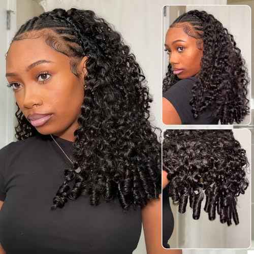 BGM GIRL 3 in 1 Burmese Curly Half Wig Human Hair Glueless Flip Over Half Wig with Drawstring Spiral Curly Ends for Women Easy Install Natural Black 180% Density 16 Inch