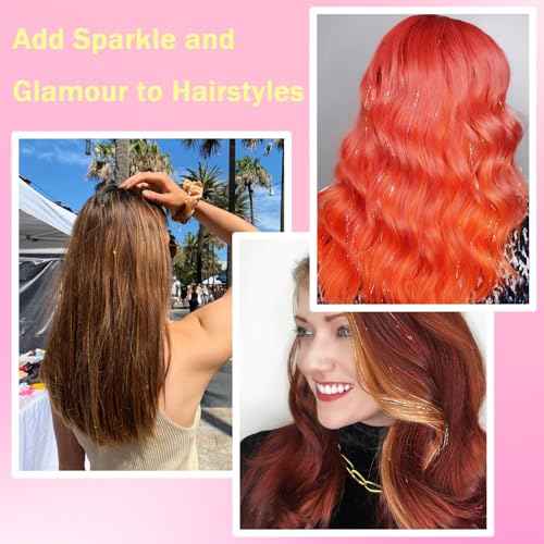 NIACONN Glitter Hair Tinsel Extensions Kit Gold with Tools and Beads, 48 Inch Sparkly Fairy Colorful Tensile Strands Shiny Hair Accessories for Women Girls Kids
