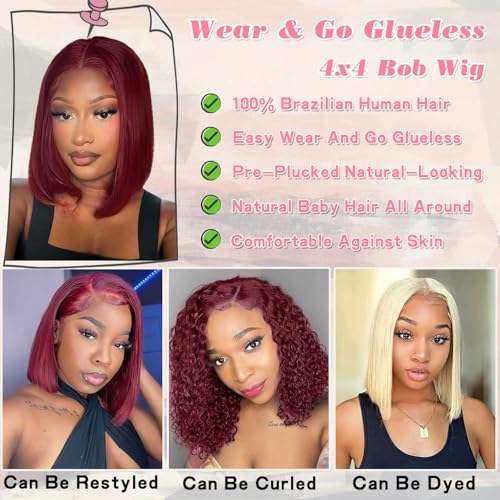 99J Burgundy Bob Wig Human Hair 4x4 HD Lace Front Human Hair Pre Plucked Pre Cut 180% Density Short Bob Glueless Straight Wigs for Black Women 16 Inch