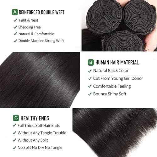 Straight Bundles Human Hair 18 20 22 Inch Straight Human Hair Weave 3 Bundles Silky Hair Bundles 10A 100% Unprocessed Brazilian Virgin Hair Bundles Deals Natural Black Bundles