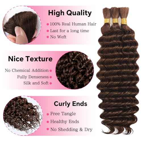 Chocolate Brown Braiding Hair Deep Wave Bulk Human Hair 110g 24 Inch 3 Bundles Brazilian Virgin Curly Human Hair Extensions for Boho Braids Wet and Color 4 Wavy Human Braiding Hair