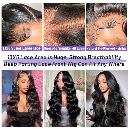 13x6 HD Lace Front Wigs Human Hair 22 inch Body Wave Frontal Wigs Human Hair 210% Density Body Wave Human Hair Wig for Women Pre Plucked Bleached Knots with Baby Hair Natural Black