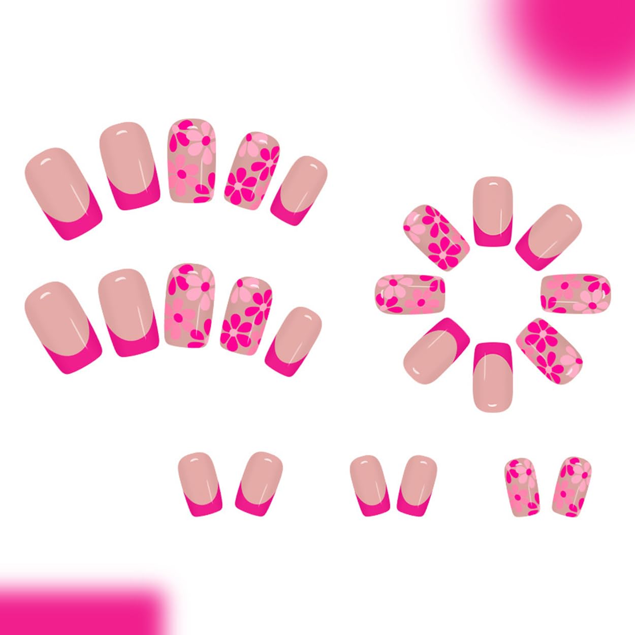 ZWENJIE Medium Press on Nails Square Spring Flower Acrylic Nail Tip Kit Fake Nails Press ons Stick on Nails Supplies Glue on Nails Full Cover False Nails Hot Pink French Glossy Design for Women 24Pcs