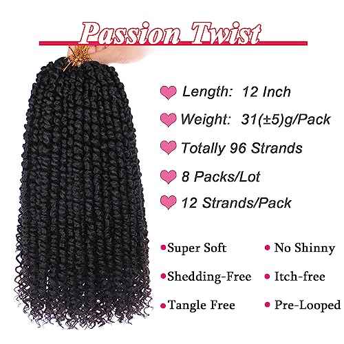 Leeven 8 Packs Pre twisted Passion Twist Crochet Hair for Black Women 12 Inch Synthetic Natural Black Passion Twist Hair With Curly Ends Pre-looped Goddess Passion Twists Braiding hair Extensions 1B#