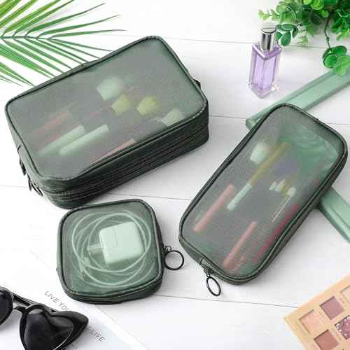 Weewooday 4 Pcs Mesh Makeup Bag Mesh Cosmetic Bag Travel Toiletry Pouch with Zipper Mini Makeup Cosmetic Purse for Daily Accessory(Small, Large, Medium,Olive Green)
