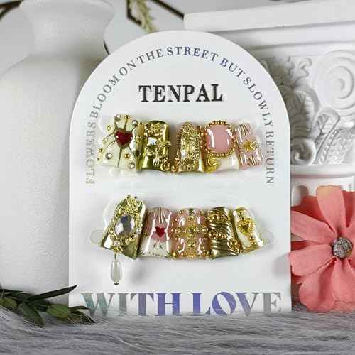 10Pcs Ballerina Press On Nails With Tools,Egyptian Palace Relief Glue on Nails with Gold Cross & Pearls,Handmade 3D Saint Charms Fake Nail Kits, Vintage Epic Acrylic Coffin Duckbill Nails(L)