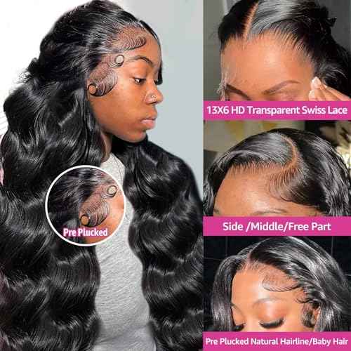 13x6 Body Wave Lace Front Wigs Human Hair Pre Plucked 200 Density HD Transparent Lace Frontal Wigs Human Hair for Women 26 Inch Glueless Wigs with Baby Hair