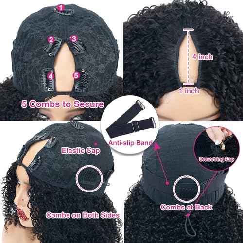 Glueless V Part Wigs Human Hair Afro Kinky Curly Upgrade U Part Human Hair Wigs for Black Women Kinky Curly Bob Pixie Cut Wig Full Head Clip In Half Wig No Leave Out 200% Density 14 Inch