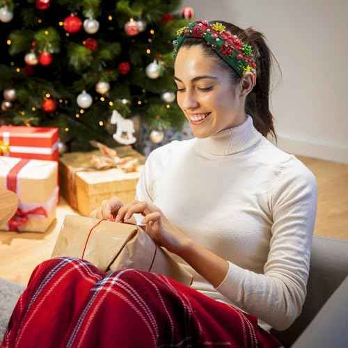 pVq Christmas Headband for Women Knotted Headband with Christmas Tree Crystal Pearl Snowflake Ribbon Xmas Holiday Hairband (Pearl Flower - Red Green, One Size)