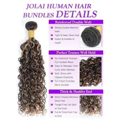 Water Wave Curly 1b/30 Human Hair Bundles 22 Inch - Brown Highlight and Black Balayage Bundles Wet and Wavy Sew In Weave, 12A Glossy 100% Unprocessed Brazilian Raw Virgin Hair, P1b/30 Color, Single