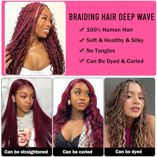 Deep Curly Human Braiding Hair for Boho Braids Burgundy Deep Water Wave Human Hair Braiding Hair No Weft Hair Bundles for Bohemian Knotless Braids 20 22 Inch Bulk Human Hair for Braiding 50g/Bundle