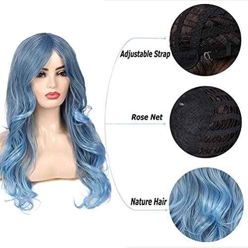 Blue Wig for Women Long Curly Wavy Pastel Blue Wig Side Part Synthetic Halloween Cosplay Wig with Wig Cap