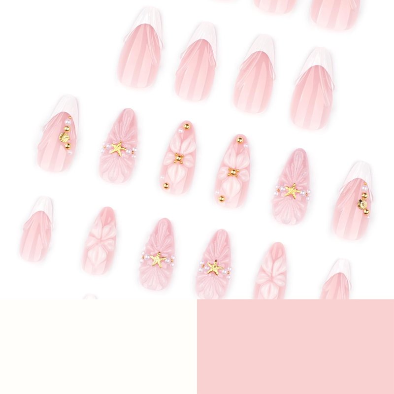 Mivota Medium Almond Press On Nails French Tip Nude Acrylic Fake Nails with 3D Shell Starfish Pearl Floral Design, Elegant Summer Beach Style DIY Manicure for Women