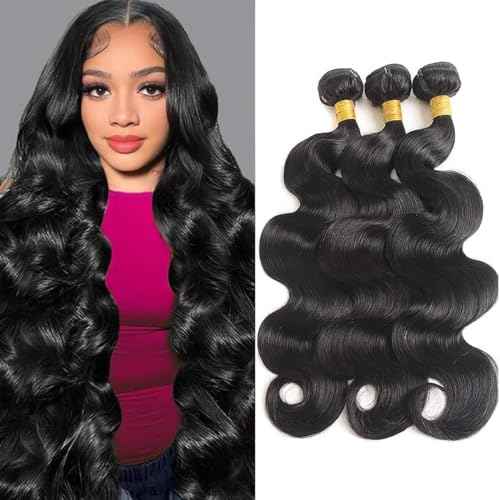 Body Wave Bundles Human Hair - 12A Brazilian Virgin Human Hair Bundle Double Weft Weave 100G Unprocessed Weave (1b, 18 20 22)