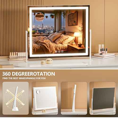 Vanity Mirror with Lights, 30'' x 22'' Lighted Makeup Mirror, Touch Screen with 3-Color Lighting, Dimmable for Vanity Desk Tabletop Square White