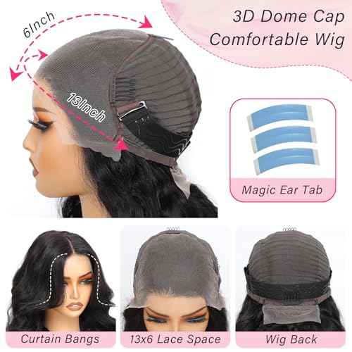 13x6 HD Lace Curtain Bangs Wig Human Hair 200% Density PartingMax Lace Wigs Bouncy Loose Wave Lace Front Wigs Human Hair Pre Cut Plucked Lace Frontal Glueless (Black Color, 16¡±)