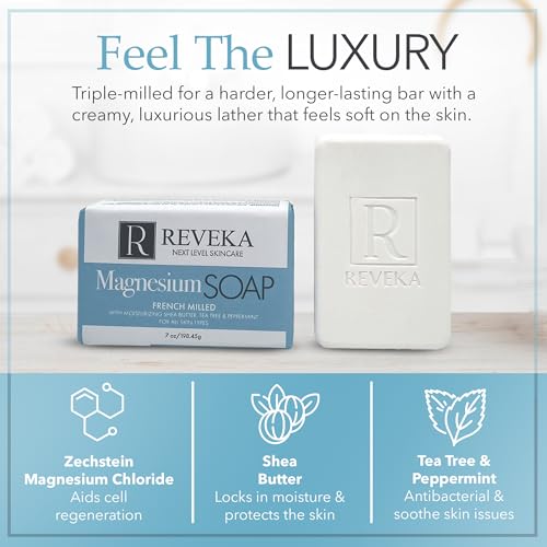 Reveka Skincare Magnesium Soap ? 4-in-1 Natural Bar for Face, Body, Hair & Shaving | Triple-Milled with Shea Butter | USA-Made Peppermint Soap | 4 Pack (7 oz Each)