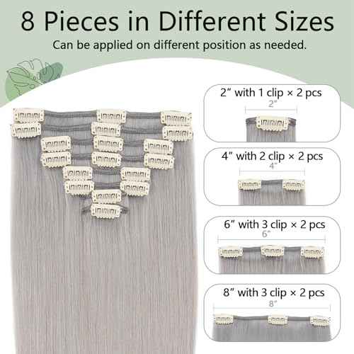 Clip in Hair Extensions Human Hair S-noilite Gray Human Hair Short Hair Clip in Extensions Full Head 8 Pieces/18 Clips 100% Real Human Hair Silky Straight 16"-90g Light Gray (#G1)