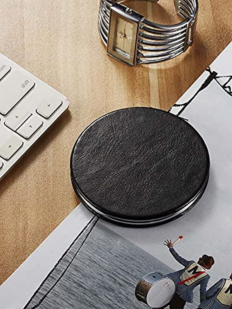 OMIRO 1X/10X Magnifying Compact Mirror - Ultra-Portable Round Black PU Leather for Travel & Purses