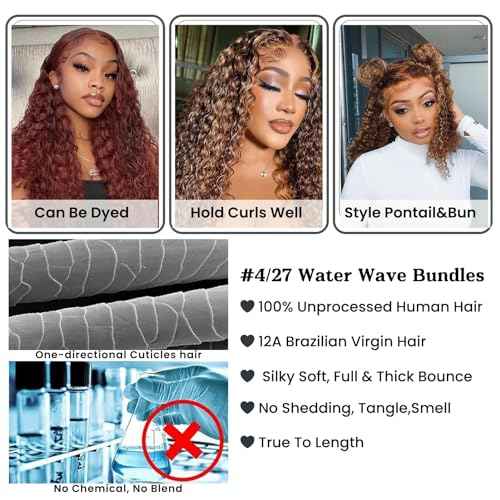 ALHER Honey Blonde Highlight Water Wave Bundles 24 Inch P4/27 Ombre Single Bundles Wet and Wavy Bundles Human Hair Highlight Brown Color 12A 100% Brazilian Virgin Remy Hair for Black Women Soft Thick