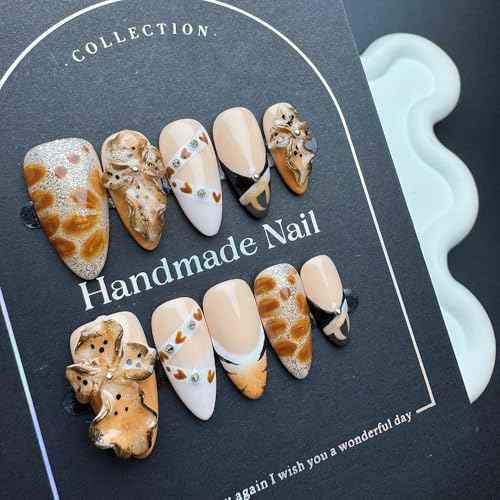 100% Handmade Press on Nails Fall Medium Almond Handmade Nails with Rhinestone Flower Charm Design Brown False Nails Leopard Print Nail Press ons Reusable Acrylic Nail for Women Girls Size L 10Pcs