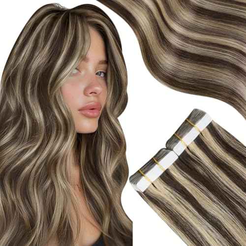 Moresoo Tape in Hair Extensions Human Hair Brown Real Hair Tape in Extensions Dark Brown with Caramel Blonde Human Hair Glue in Human Hair Extensions Fashion Seamless 22 Inch 20Pcs/50g #P4/27