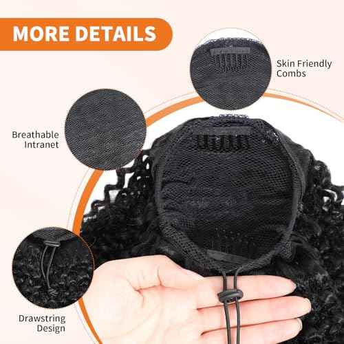 Afro Kinky Curly Ponytail Human Hair 150% Density Brazilian Virgin Hair 4C Afro Puff Drawstring Ponytail Extension for Black Women Natural Color 24 Inch