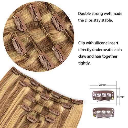 5 Pieces 18" Remy Clip in Ombre Hair Extensions Human Hair Light Blonde Mixed Golden Blond Highlights - Silky Straight Long Thick Real Hair Extensions for Women Fashion (18 inches, #16/22, 90grams)