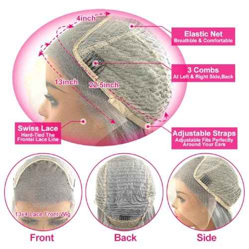 200% Density Silver Grey Lace Front Wigs Human Hair For Women No Mixed Fiber Double Drawn Straight Virgin Hair Wig 13x4 UHD Lace Frontal Wig Brazilian Hair 18 Inches