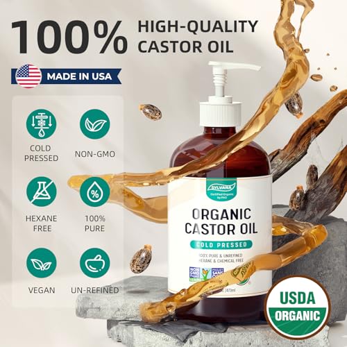SYLVANA Organic Castor Oil (16oz Glass Bottle), USDA Certified Organic, Cold Pressed, Vegan, Hexane Free - 100% Pure Castor Oil for Nourishing Skin, Hair Growth, Lashes & Eyebrows