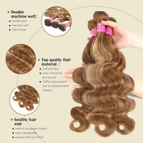 Ombre Human Hair Bundles Honey Blonde Body Wave 3 Bundles 20 22 24 Inch 100% Brazilian Virgin Hair 4/27 Highlight Body Wave Bundle Soft and Healthy Sew In Hair Extensions Real Human Hair for Women
