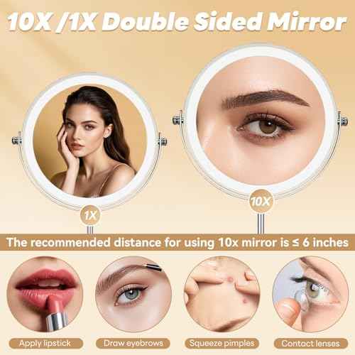 10x/1x Lighted Vanity Makeup Mirror, 2000mAh Rechargeable Height Adjustable Double Sided, Magnifying Mirror with 3 Color Light, Brightness Adjustable, 360¡Æ Rotation, Women Gift