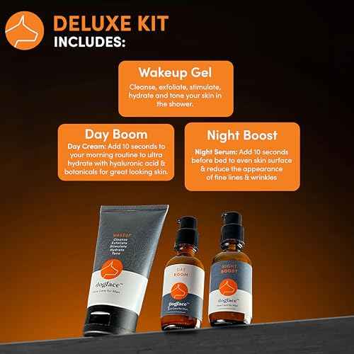 Dogface Men's - Wakeup Gel Daily Face Wash to Exfoliate, Hydrate & Tone Skin, Day Boom Moisturizer, Night Boost Night Cream Retinol Serum, Eye Cream (Deluxe Combo)